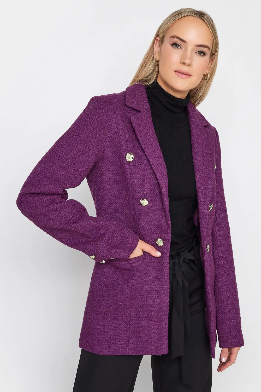 LTS Tall Dark Purple Boucle Button Detail Blazer