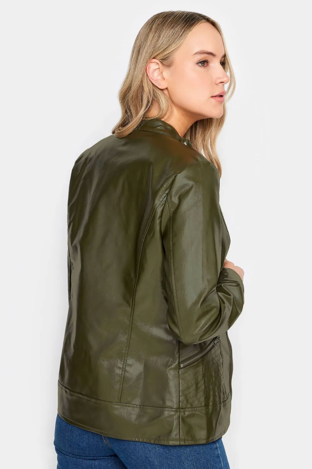 LTS Tall Khaki Green Faux Leather Funnel Neck Jacket