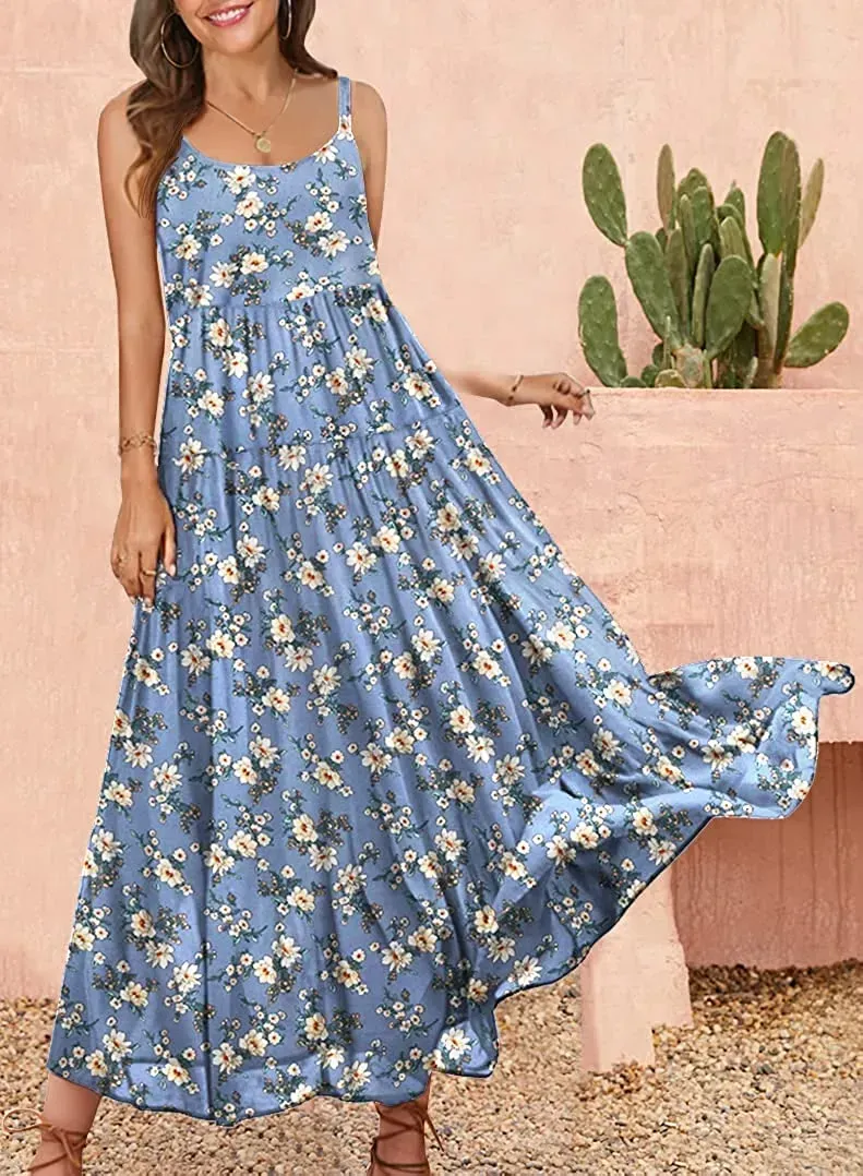 Summer Dresses for Women Casual Loose Bohemian Floral Dress with Pockets Spaghetti Strap Maxi Dress E75
