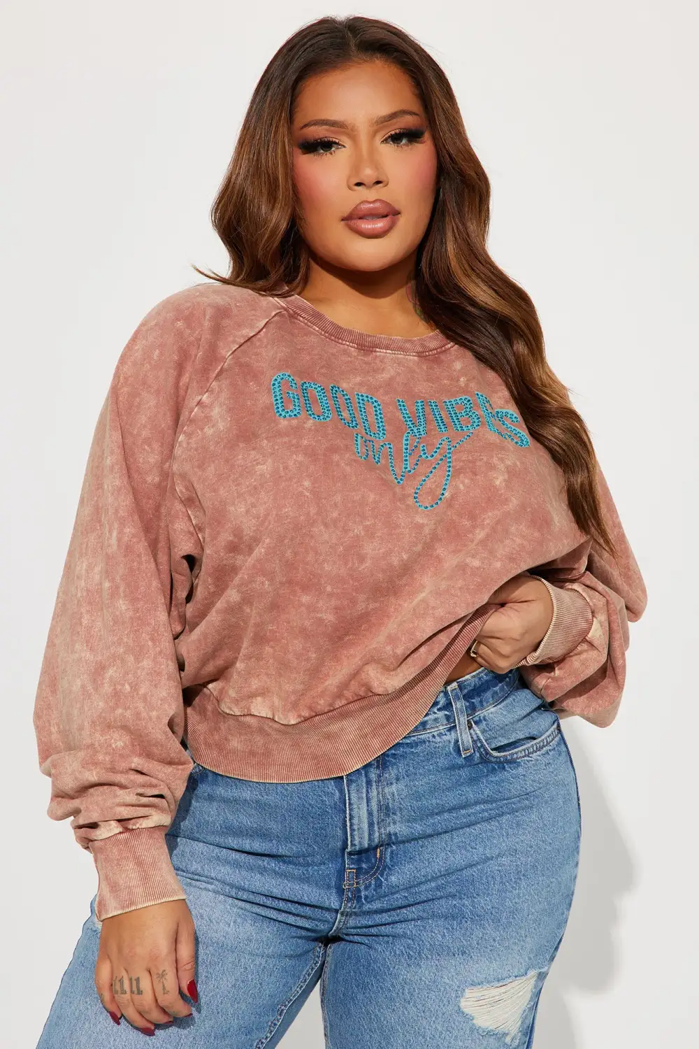 Good Vibes Only Cropped Crew Neck Sweatshirt - Brown/combo