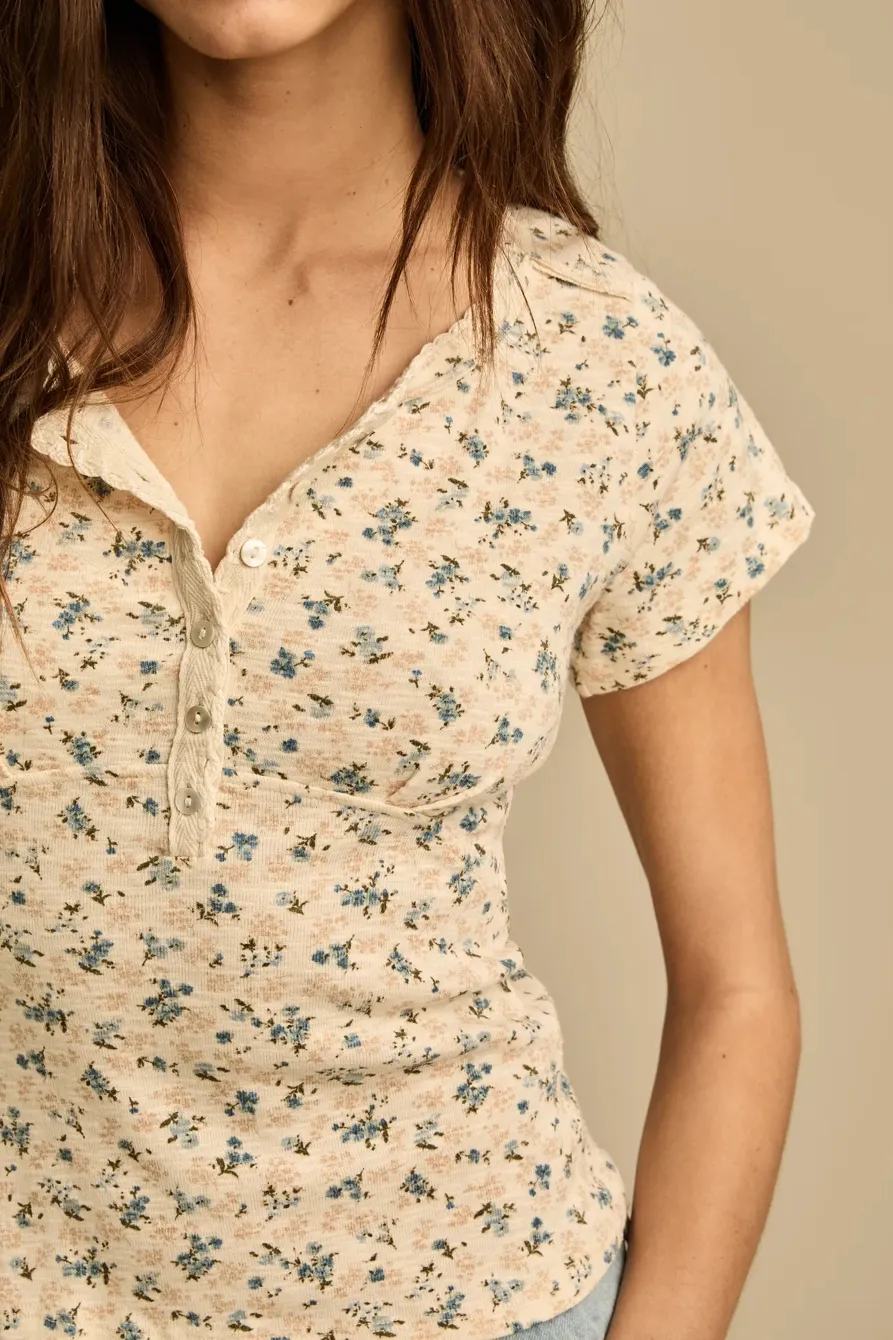 Blue Multi Crochet Trim Short Sleeve Henley