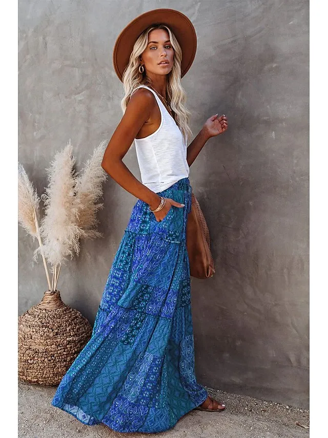 Women's Skirt Swing Long Skirt Maxi Red Blue Purple Orange Skirts Spring & Fall Ruffle Print Fashion coastal grandma style Boho Holiday Casual Daily S M L
