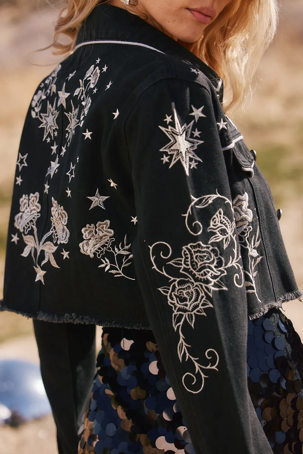 Black Embroidered Cropped Jacket