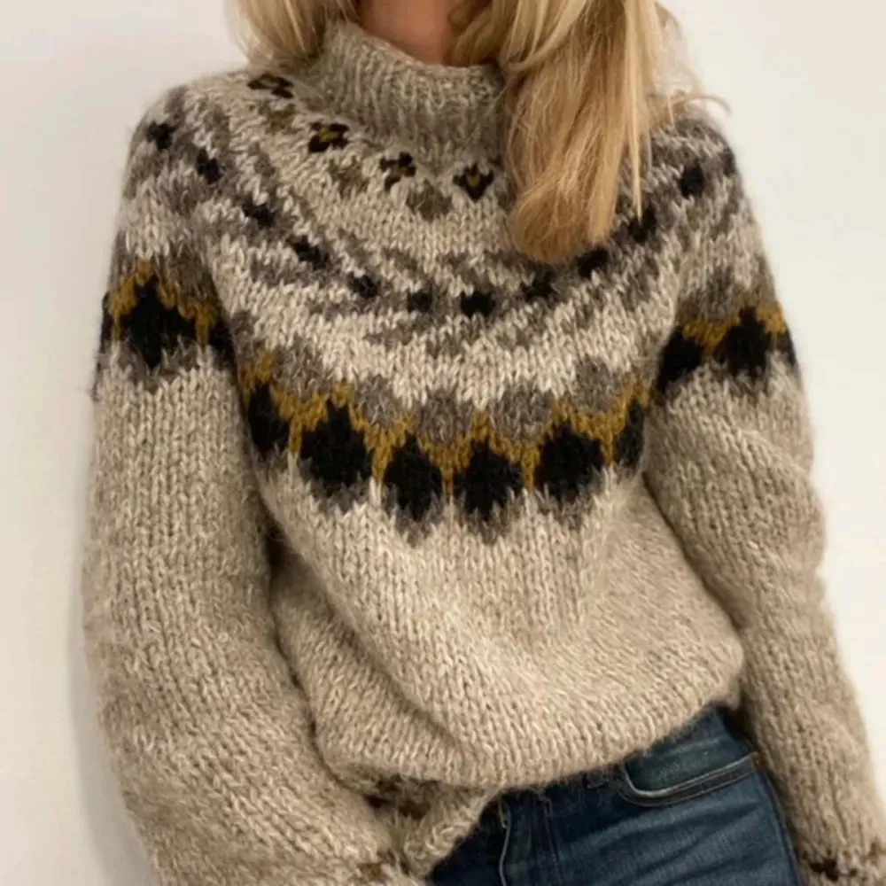 Vintage Geometric Contrast Jacquard Mid Neck Sweater