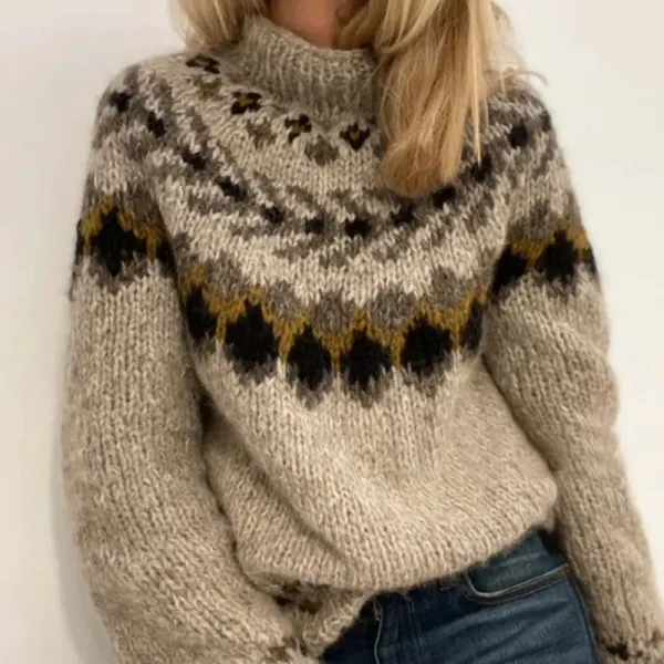 Vintage Geometric Contrast Jacquard Mid Neck Sweater