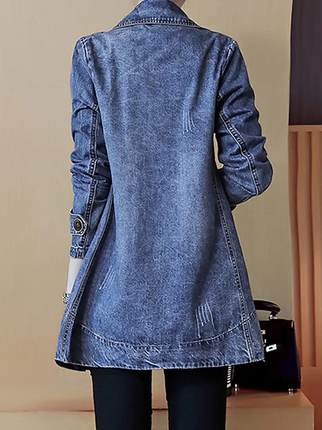 Women's Denim Jacket Regular Coat Regular Fit Warm Breathable Streetwear Elegant Jacket Spring Summer Long Sleeve Solid Color Pocket Navy Blue Outdoor Street Daily