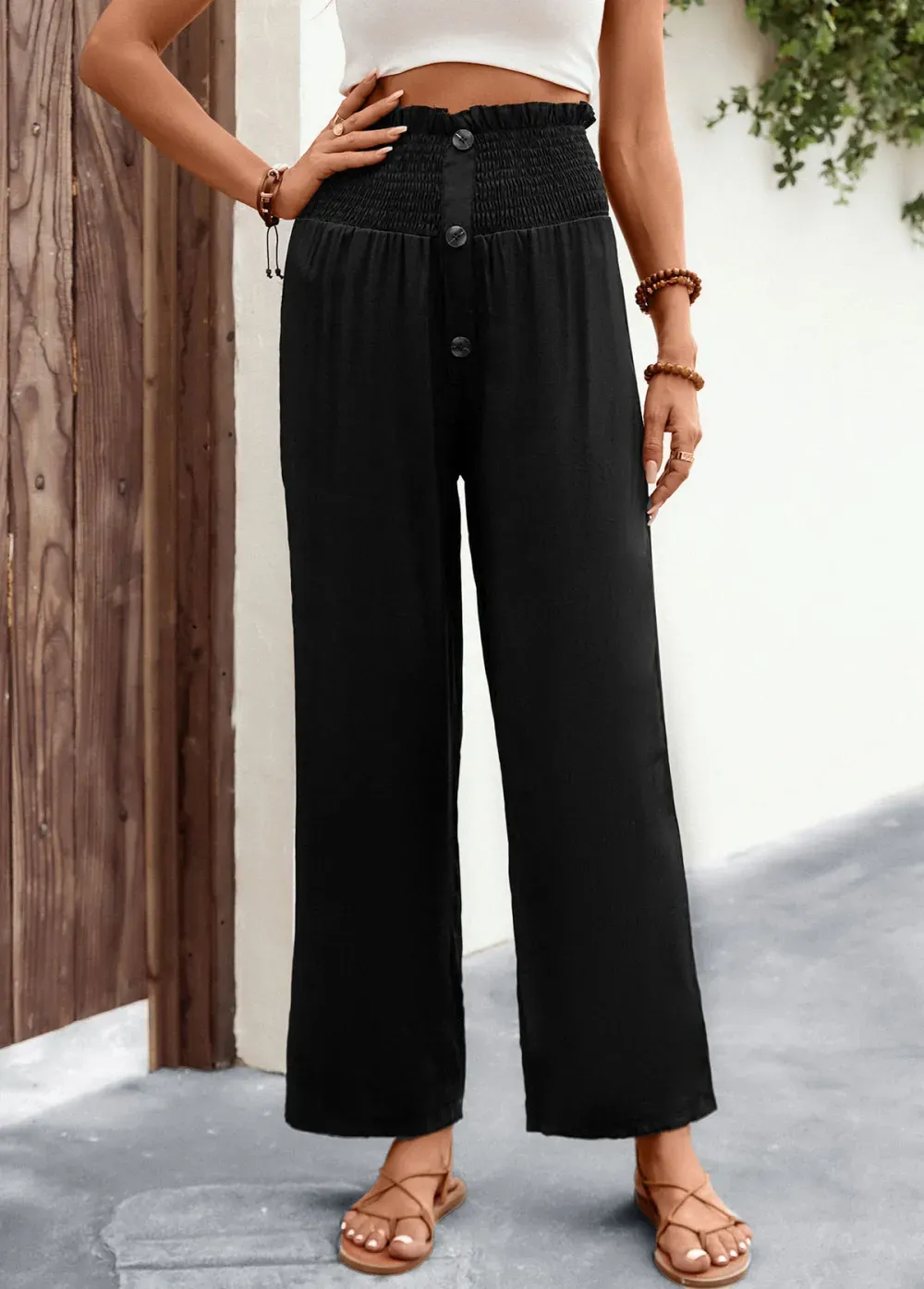 Black Button Regular Elastic Waist High Waisted Pants