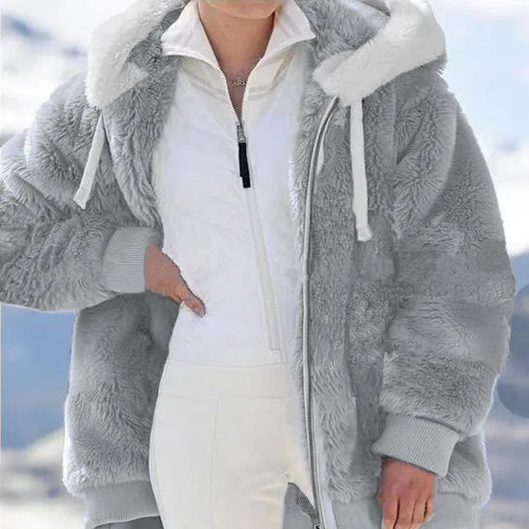New  Long Plush  Solid Color Hooded Coat