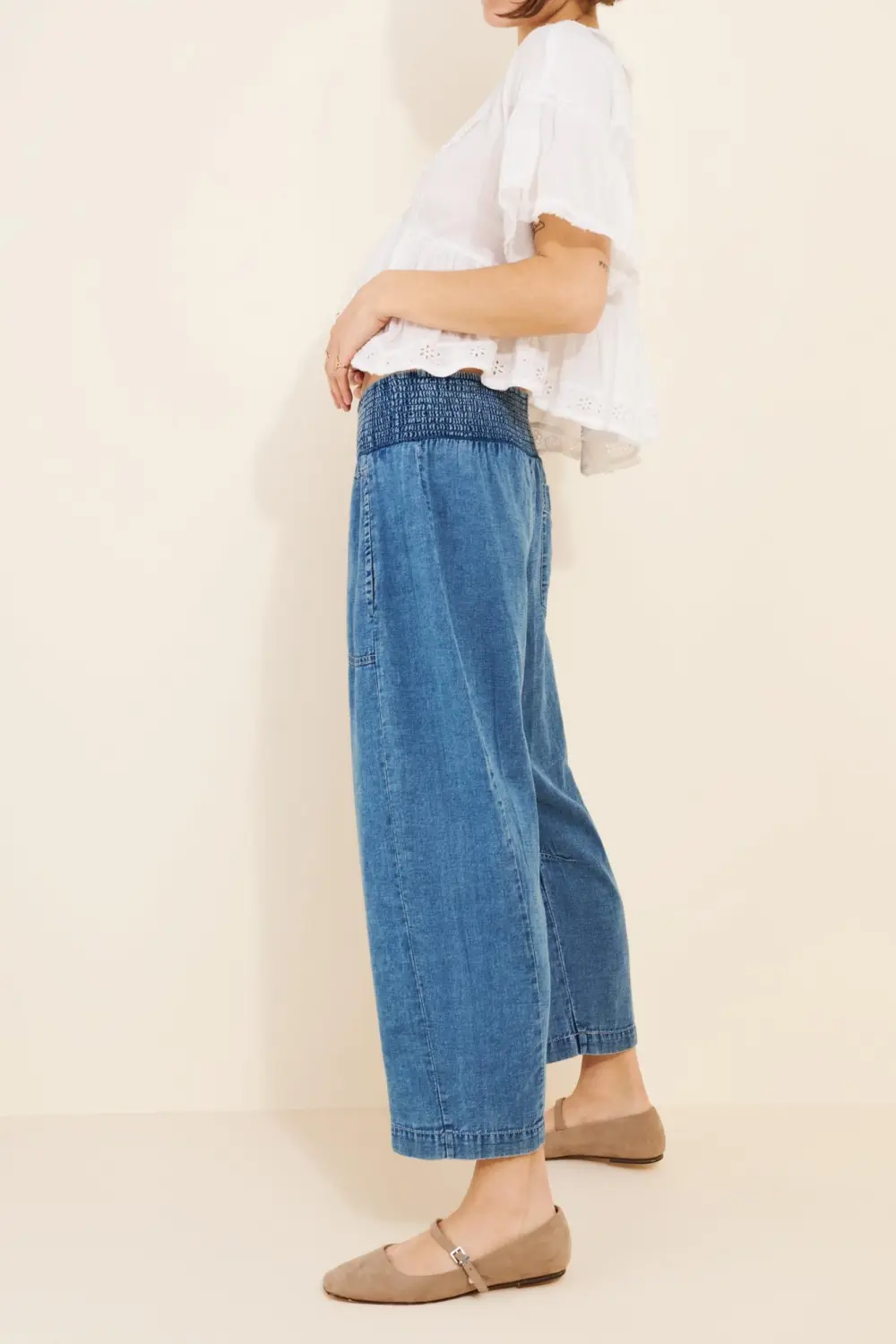 The Reese Smocked Pull-On Barrel Pants: Denim Edition