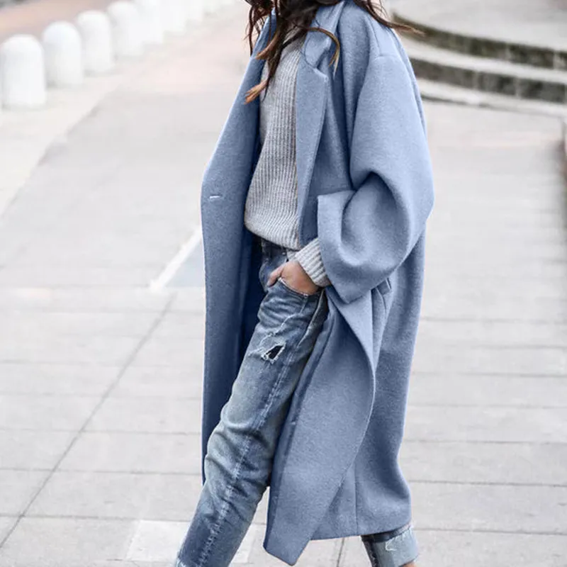 Elegant Long Sleeve Notch Collar Button Detail Oversize Maxi Wool Coat