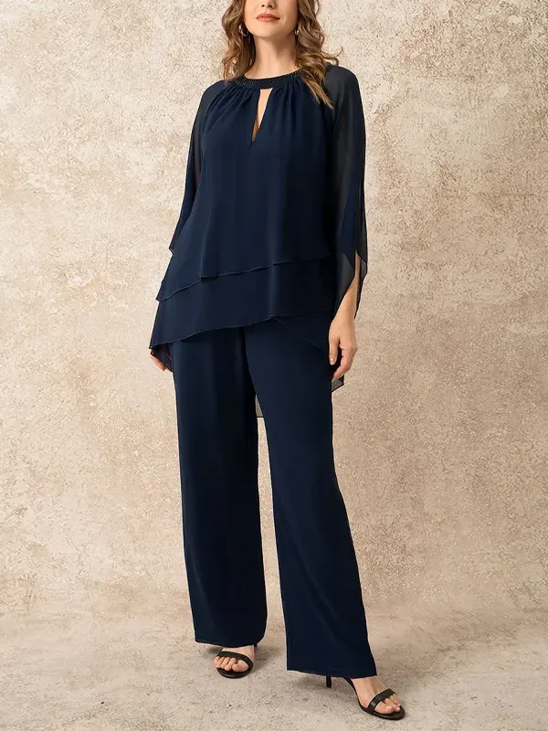 Round Neck Solid Color Top And Trouser Suit