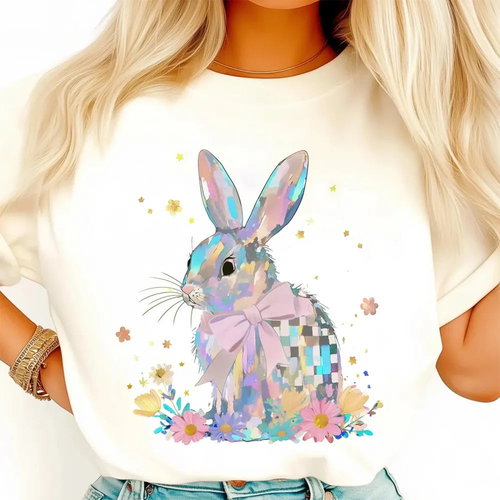 Easter Colorful Hand Drawn Bunny Printed Round Neck Short Sleeve T-Shirt