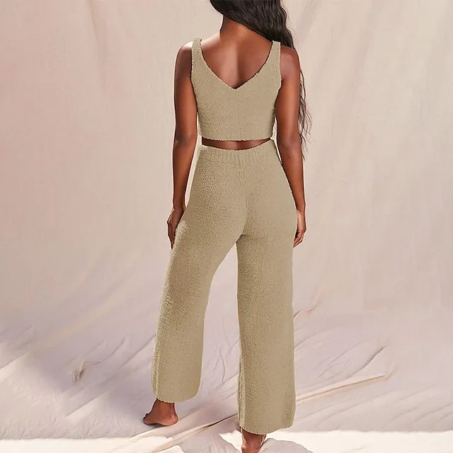 Women's Loungewear Sets Fluffy Fuzzy Sweatsuit 3 Pieces Pajama Pure Color Warm Fashion Simple Party Home Street Fleece Crew Neck Sleeveless Crop Top Pant Elastic Waist Winter Fall Black Camel