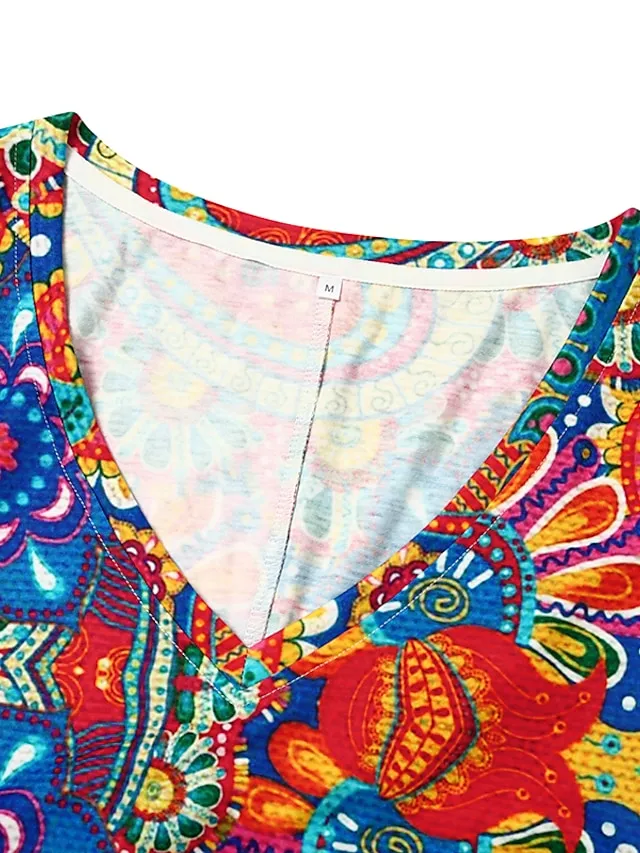 Women's Casual Dress T Shirt Dress Tee Dress Ethnic Dress Mini Dress Red Dusty Blue Rainbow Short Sleeve Floral Print Summer Spring Deep V Vacation 2023 S M L XL 2XL 3XL