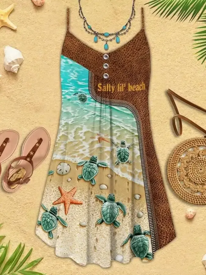 Vacation Sea Turtle Starfish Print Spaghetti Strap Dress Swimsuit Coverup