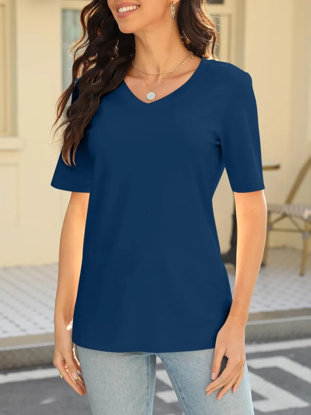 ORANDESIGNE Women's Color Block Short Sleeve T Shirts Casual V Neck Summer Tops Tees Loose Fit Blouses