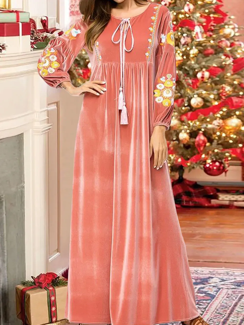 Casual Boho Crew Neck Lace Up Fold Velvet Midi Dress