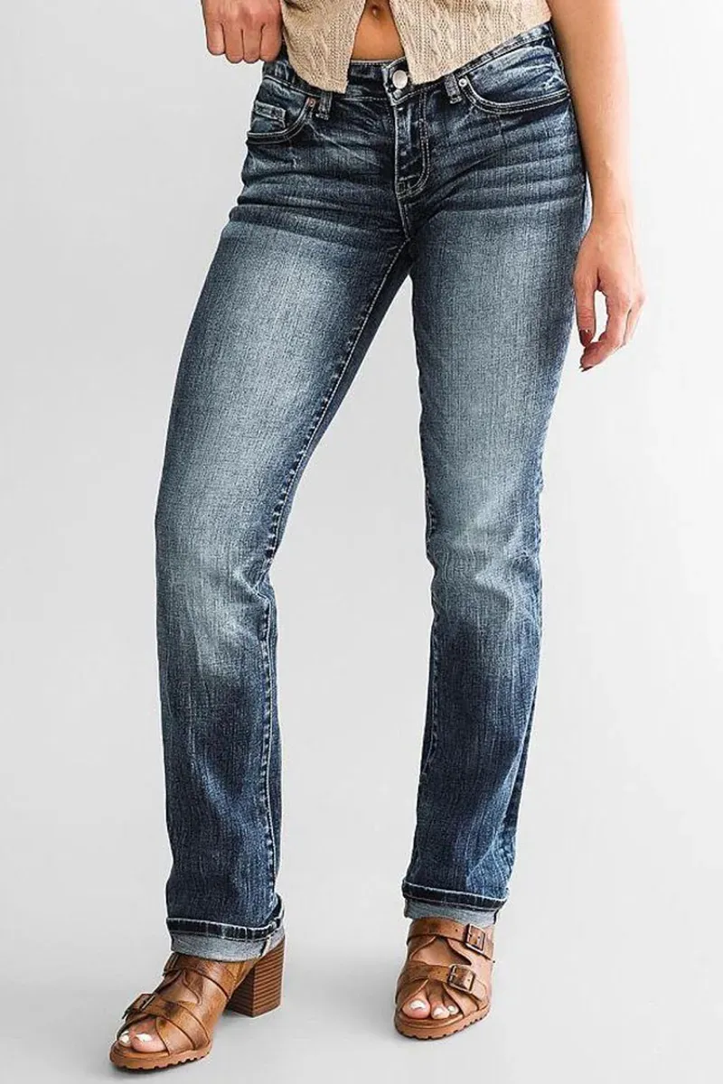 Mid Waist Wash Straight Leg Jeans