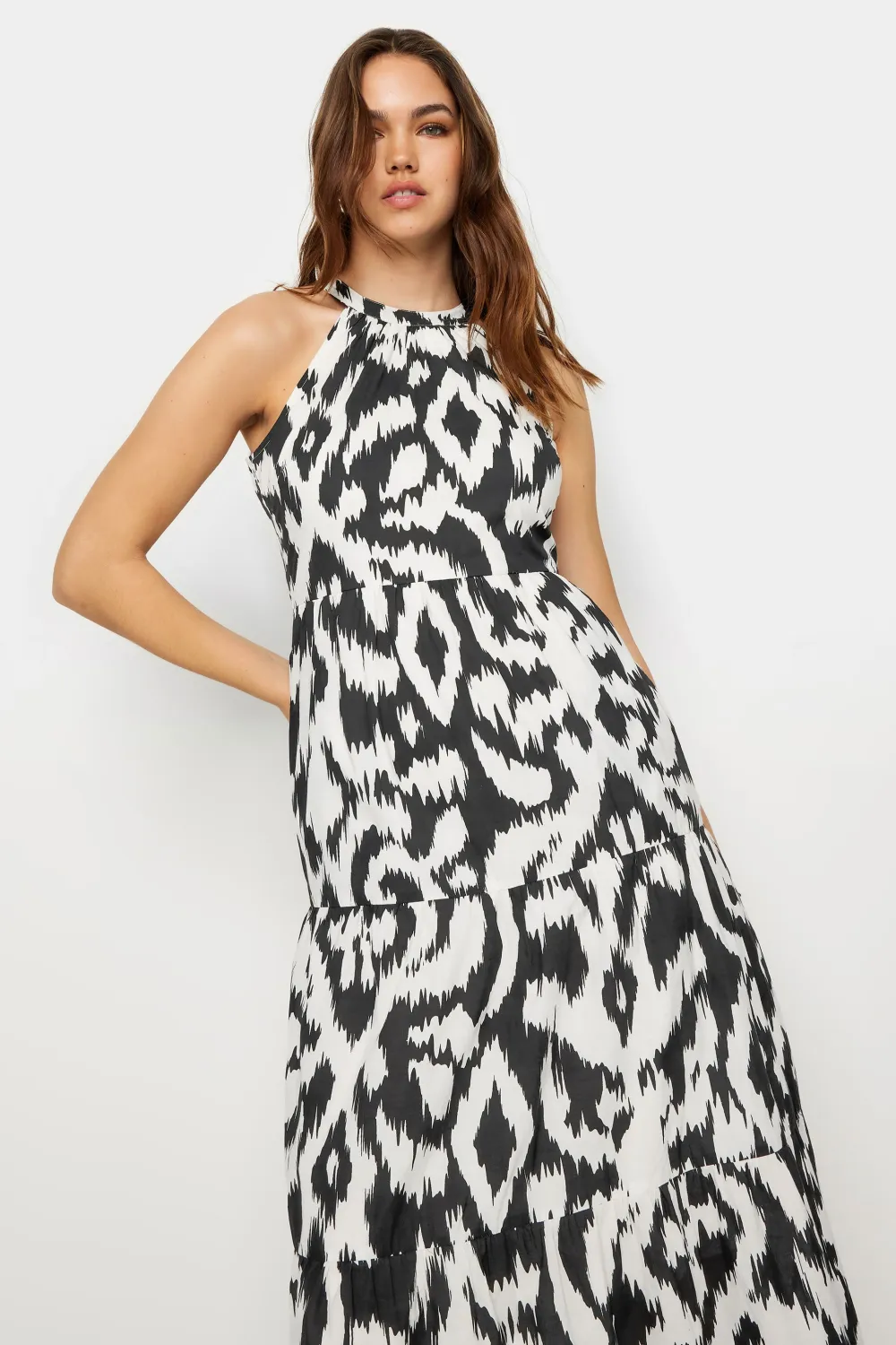 LTS Tall Black & White Cotton Abstract Print Halterneck Dress
