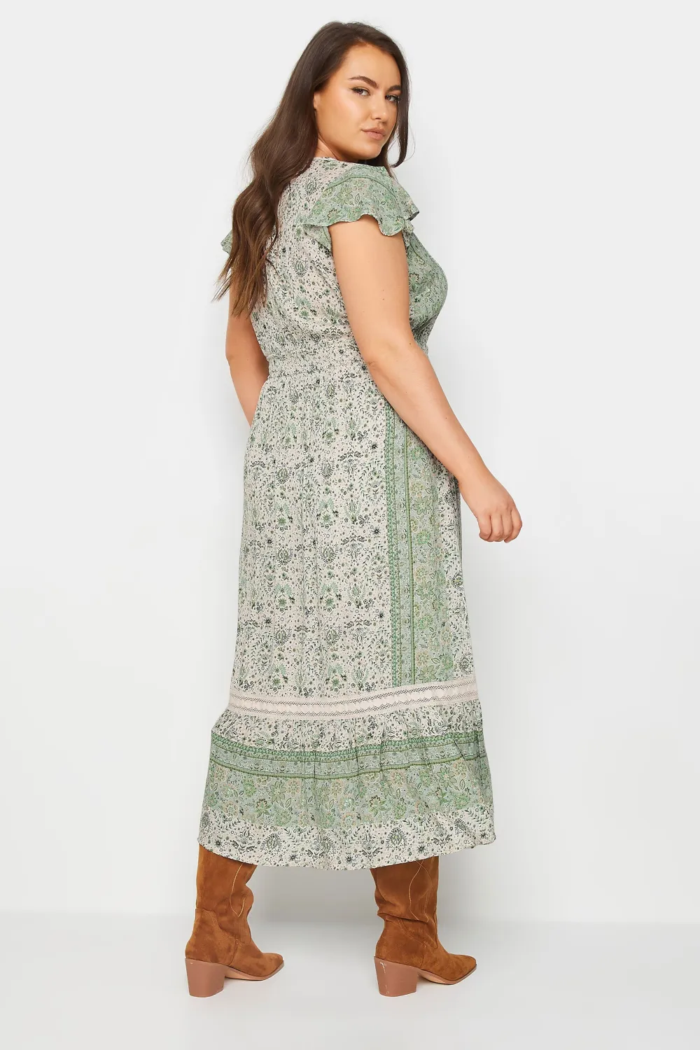 YOURS Curve Green Floral Print Crinkle Maxi Dress