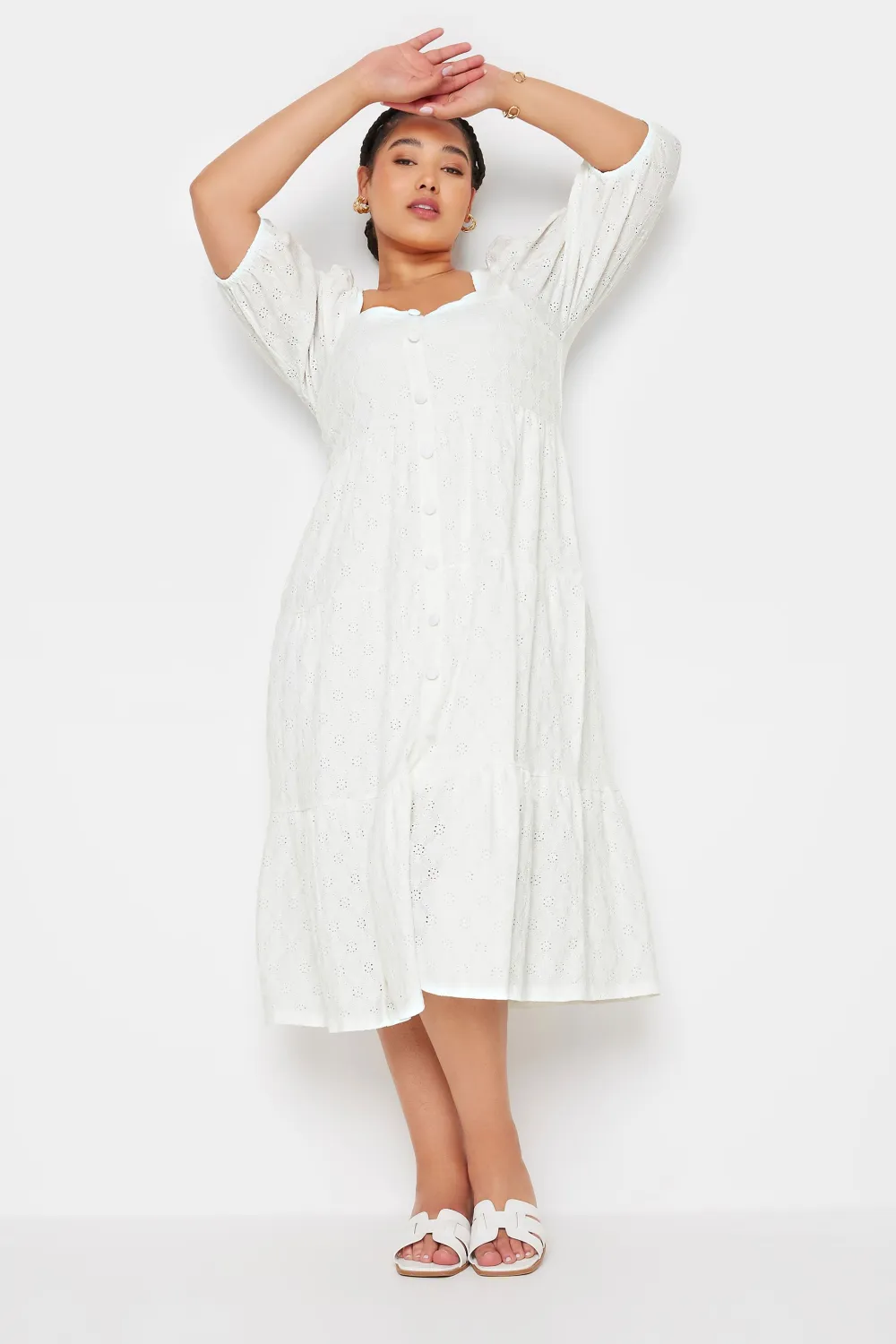 YOURS Curve White Broderie Anglaise Button Front Dress