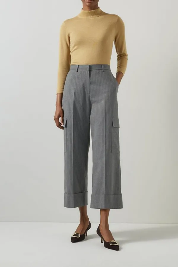 Grey Striped Cropped Wide Leg Trousers