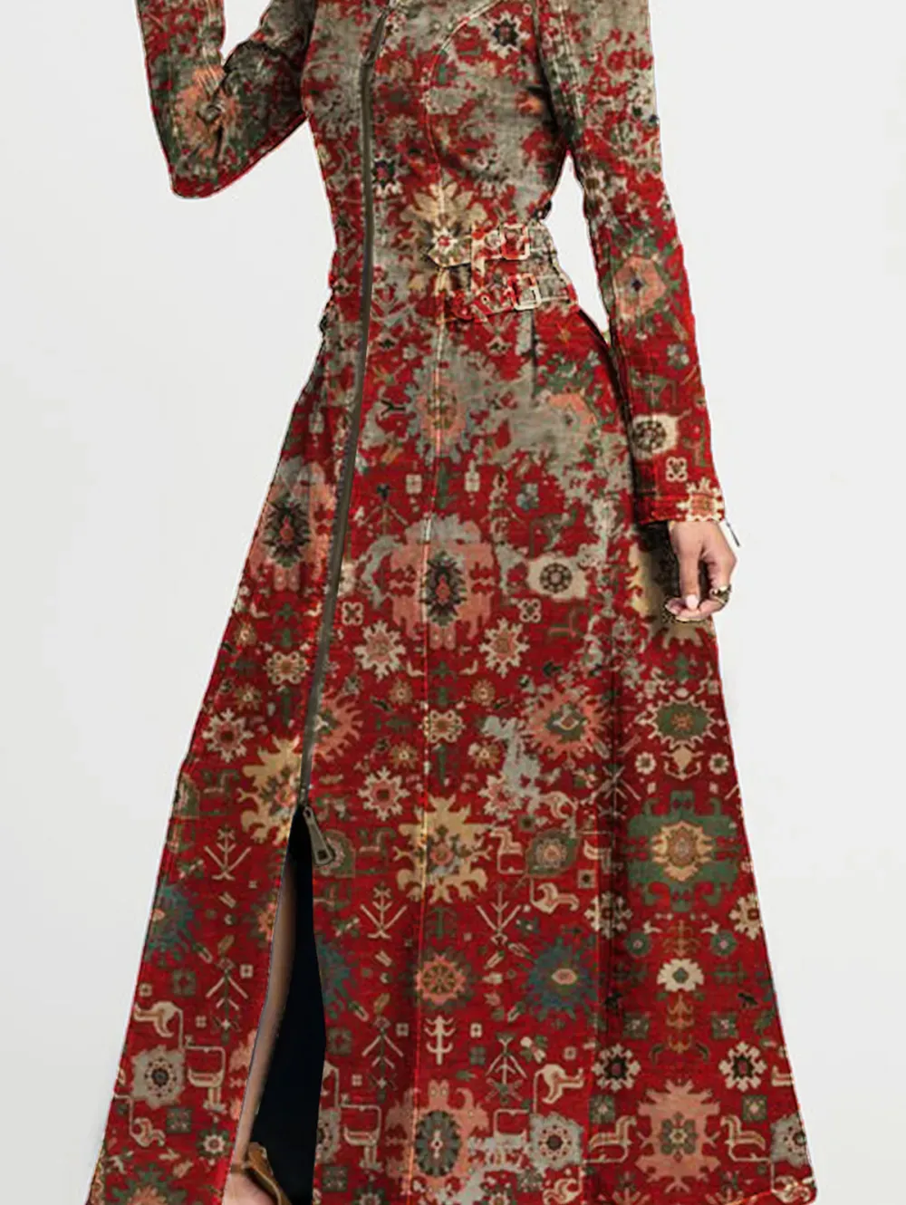 Ursime Turndown Collar Ethnic Pattern Zipper Buckle Maxi Dress