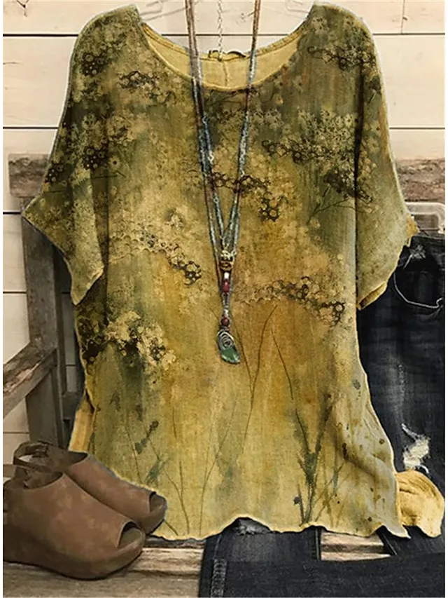 Women's Plus Size Shirt Blouse Yellow Pink Blue Graphic Floral Print Short Sleeve Daily Vacation Weekend Vintage Basic Holiday Crew Neck Regular Fit Dolman Sleeve Summer Spring