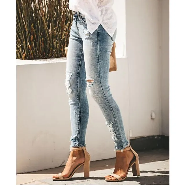 Women‘s Low Rise Jeans Skinny Pants Trousers Ankle-Length Denim Side Pockets Cut Out Micro-elastic Mid Waist Fashion Casual Weekend Light Blue S M