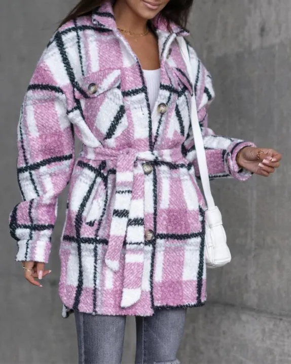 Large Plaid Four-pocket Woolen Coat