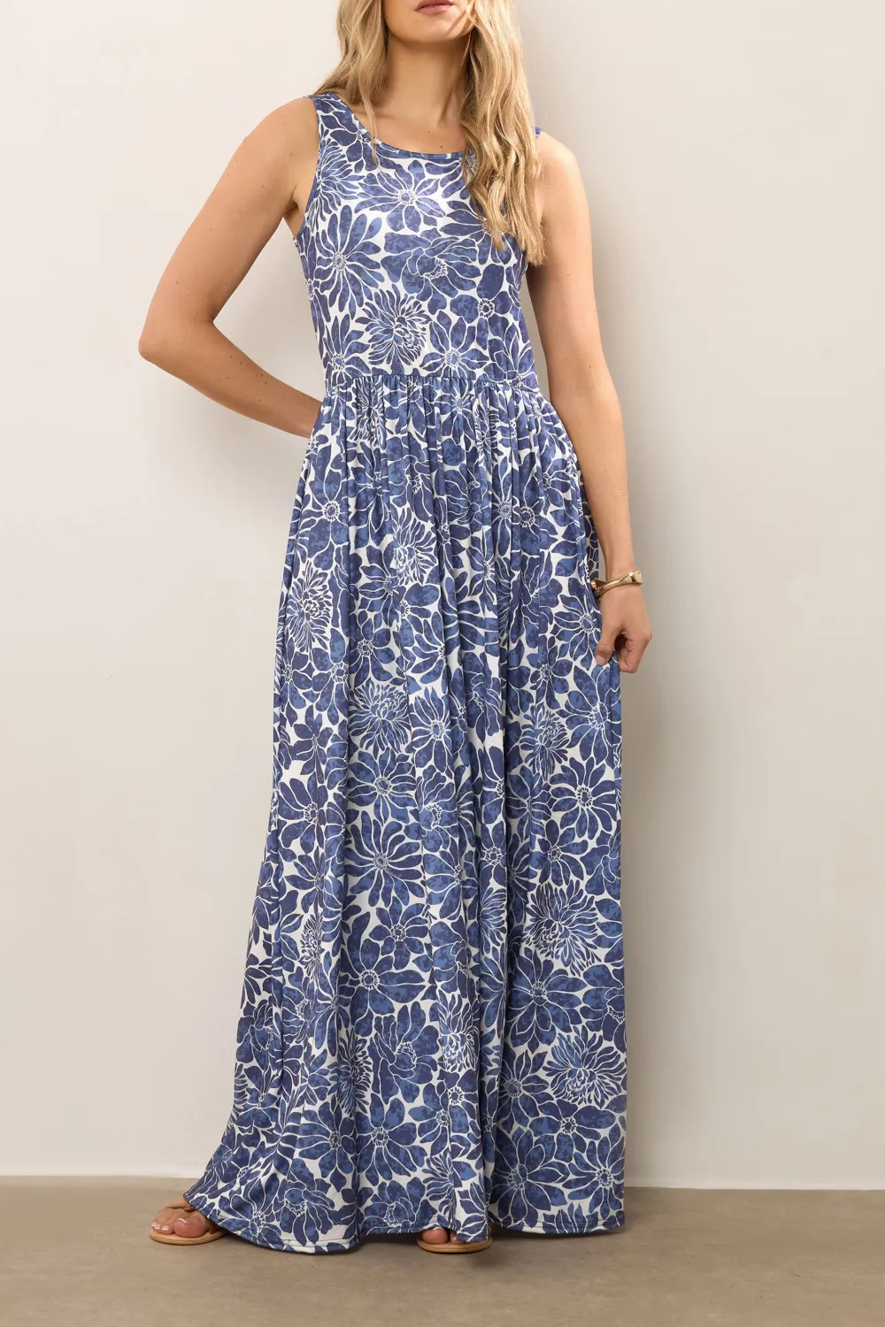 Blue Floral Print Sleeveless Daily Dress