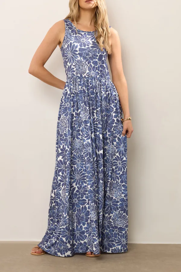 Blue Floral Print Sleeveless Daily Dress
