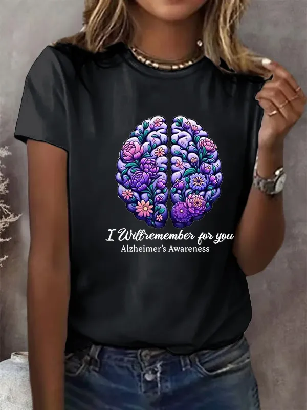 Women'S Alzheimer'S Awareness I Will Remember For You Floral Printed Short Sleeve T-Shirt