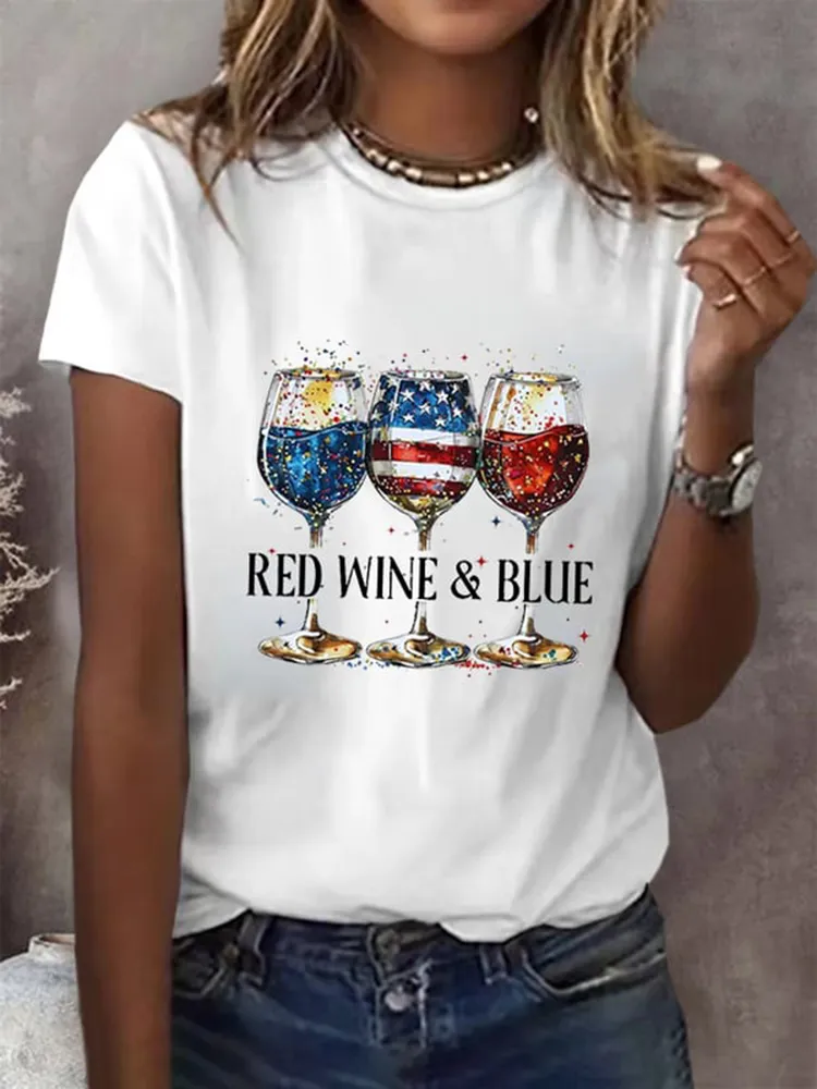 Women'S Red Wine Ang Blue Round-Neck Short-Sleeved T-Shirt