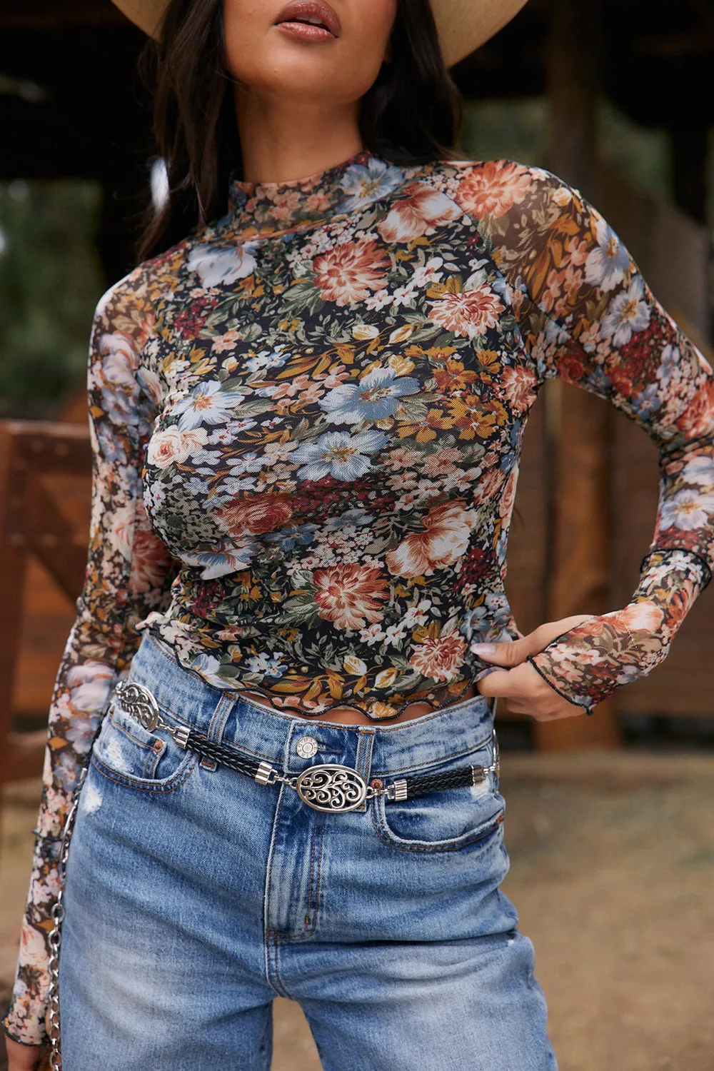 Floral Mesh Long Sleeve Top