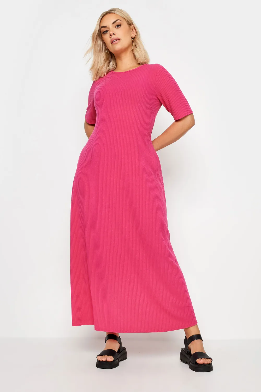 YOURS Curve Pink Ribbed Swing Maxi Dress