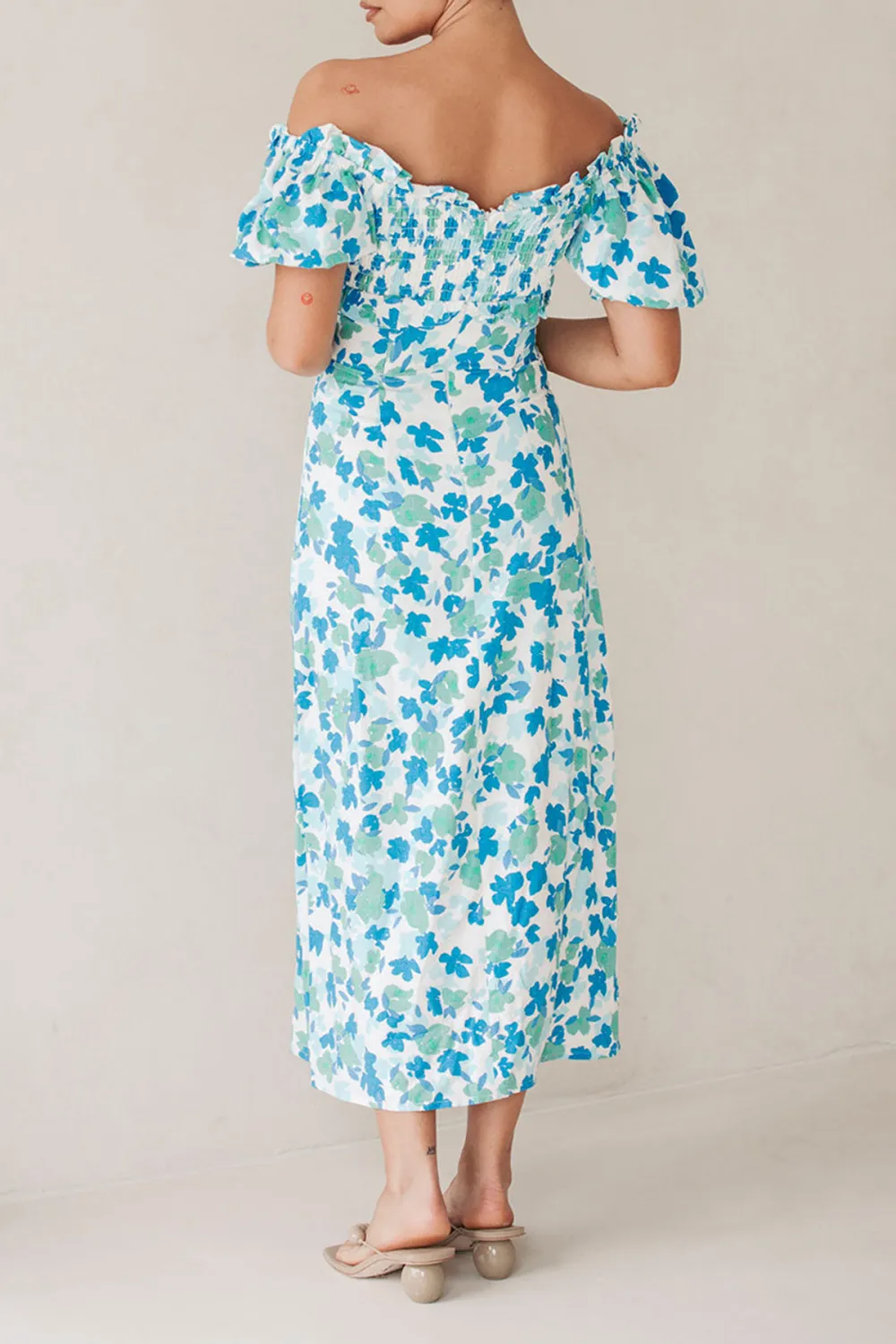 Off Shoulder Floral Print Midi Dress