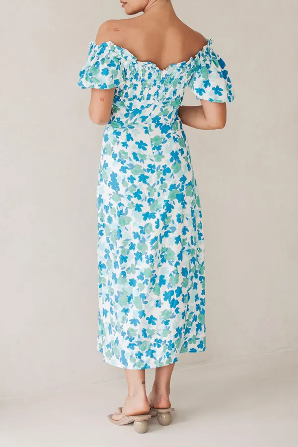 Off Shoulder Floral Print Midi Dress