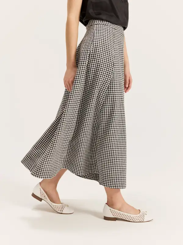 Black Houndstooth Tailored Midi Skirts