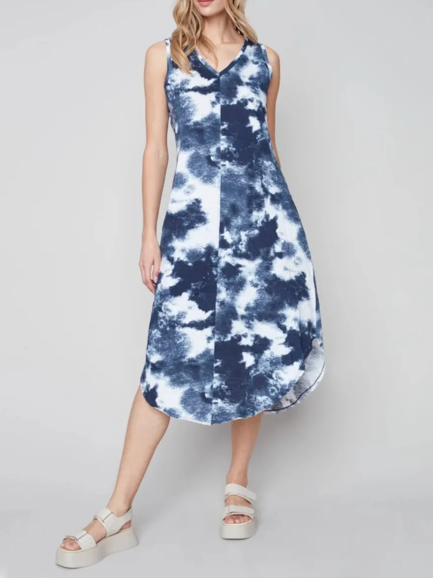 Navy Tie - Dye Sleeveless Dress
