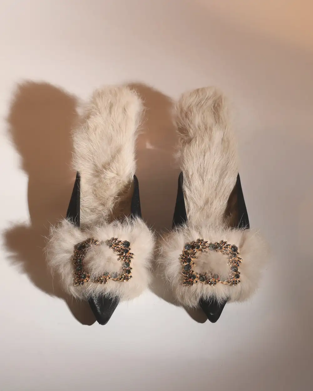 Faux Fur Satin Mules in Black