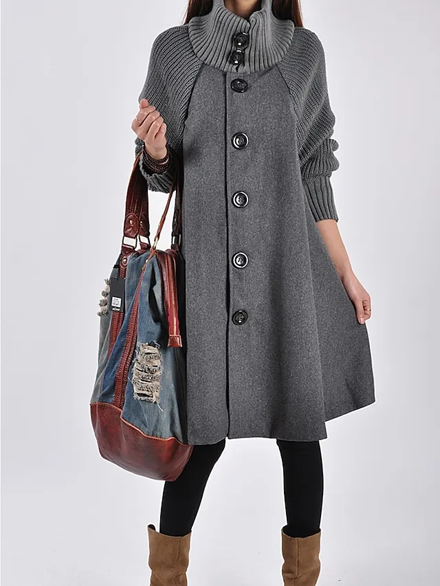 Women's Winter Coat Cloak / Capes Long Coat Winter Coat Single Breasted Thermal Warm Trench Coat Single Breasted Stand Collar Loose Fit Outerwear Long Sleeve Black