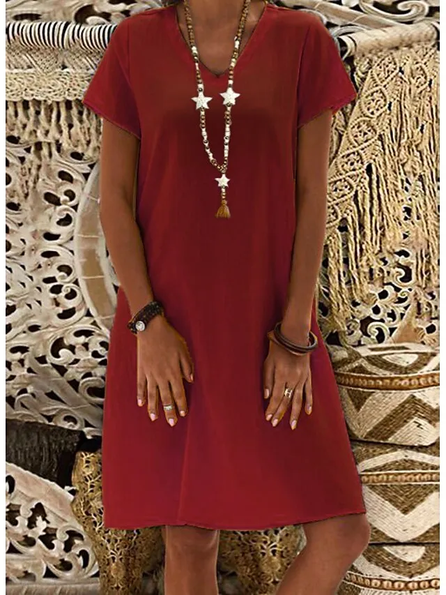 Women's Casual Dress Casual Dress Shift Dress Pure Color Pocket V Neck Midi Dress Basic Daily Vacation Short Sleeve Loose Fit Black Yellow Light Green Summer Spring S M L XL XXL