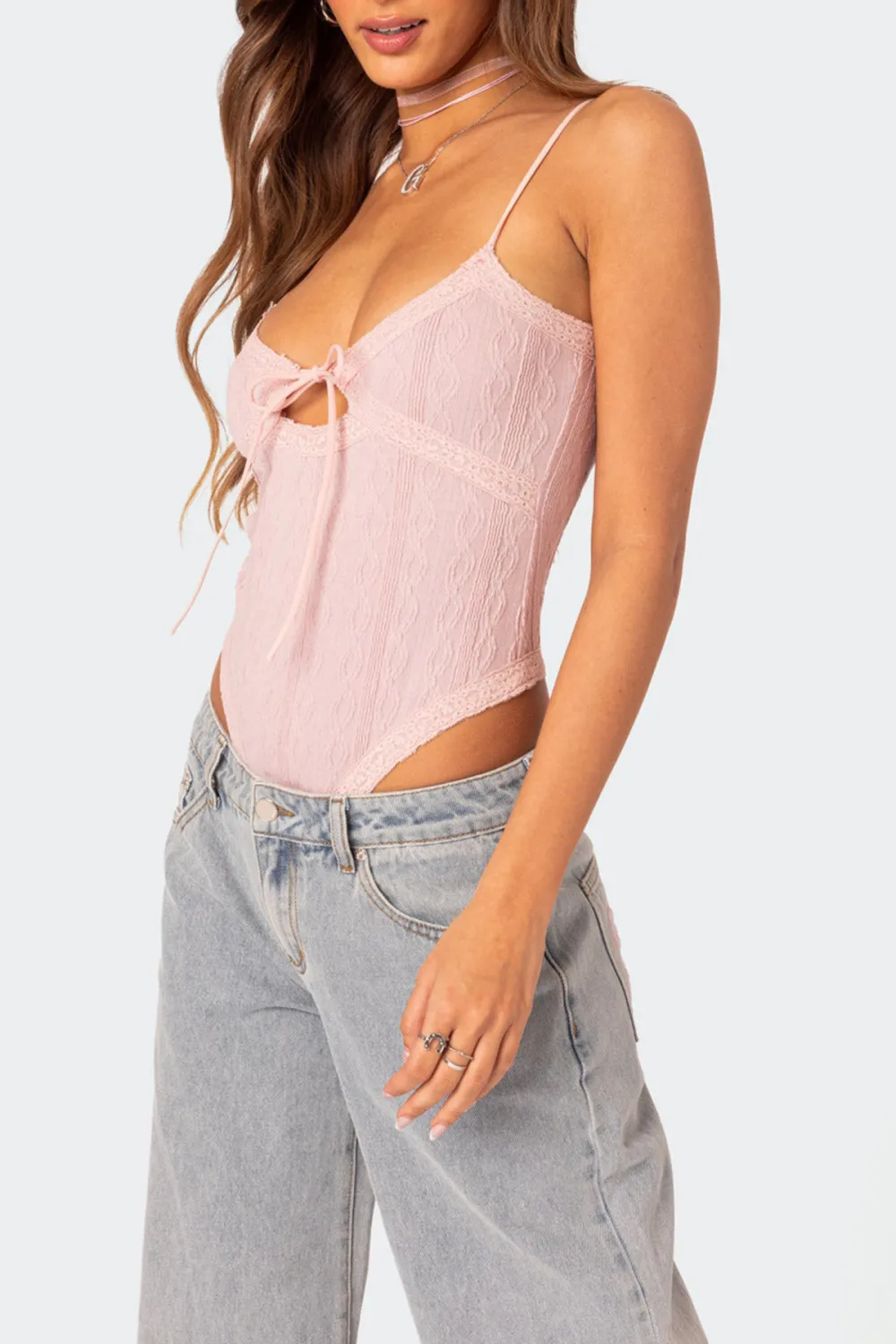 Navy Lacey Knit Cut Out Bodysuit