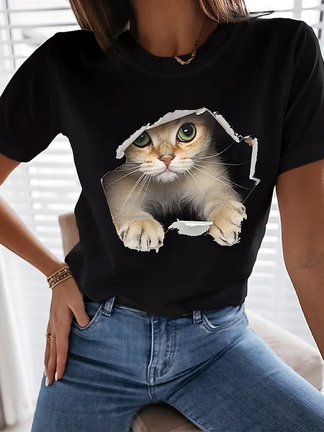Women's T shirt Tee 100% Cotton Funny Tee Shirt Black White Graphic Cat Print Short Sleeve Casual Daily Basic Round Neck Regular 100% Cotton 3D Cat S