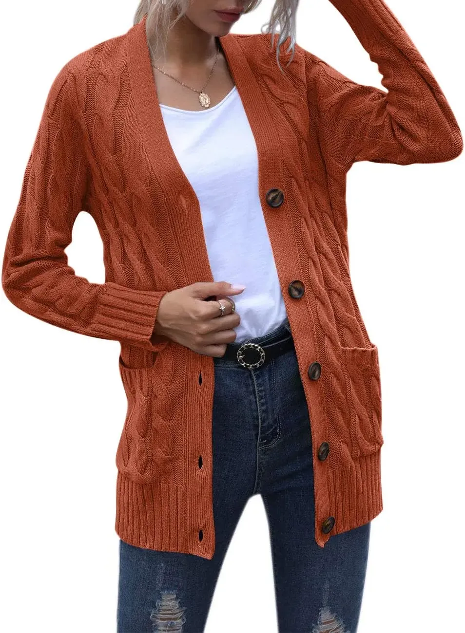 MEROKEETY Women's 2024 Fall Long Sleeve Cable Knit Sweater Open Front Cardigan Button Loose Outerwear