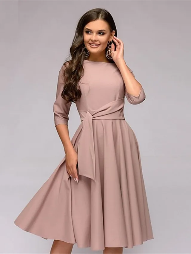 Women's A Line Dress Knee Length Dress Dark Green Navy Blue Beige 3/4 Length Sleeve Pure Color Lace up Fall Spring Round Neck Stylish Elegant Casual Party Slim 2023 S M L XL XXL