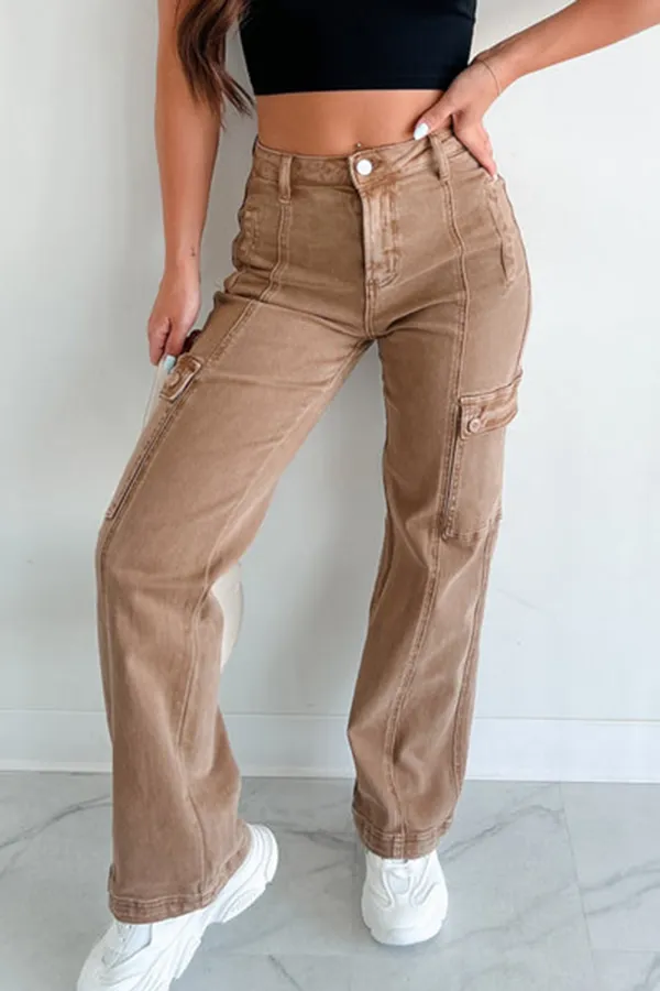 High Rise Wide Leg Risen Cargo Jeans