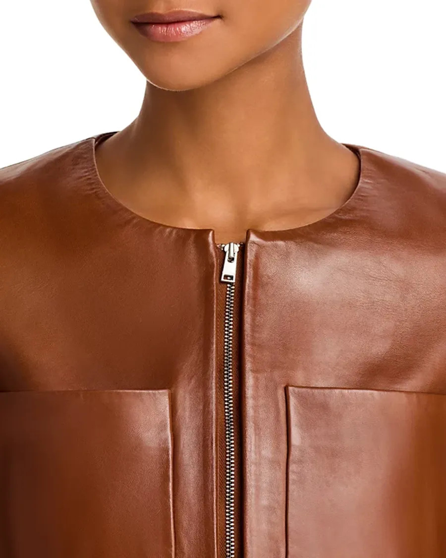 Long Sleeves Round Neck Leather Jacket