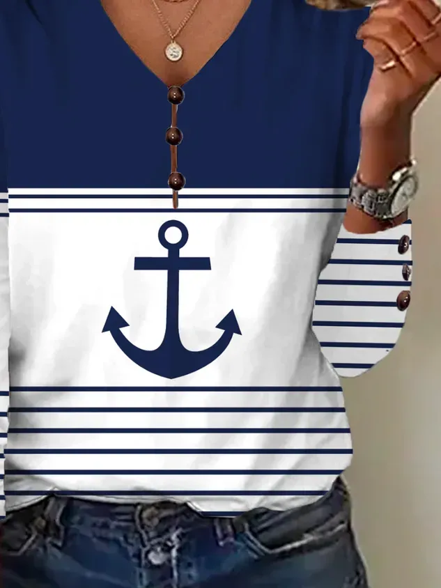 Women Striped V Neck Casual Long Sleeve T-shirt